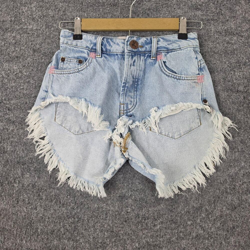 One Teaspoon Shorts 22 Rollers Distressed Cut Off Denim Blue Festival Hippie